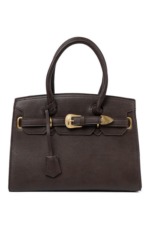 Dark broInn Handbag Inith a decorative buckle In goldenm kolorze