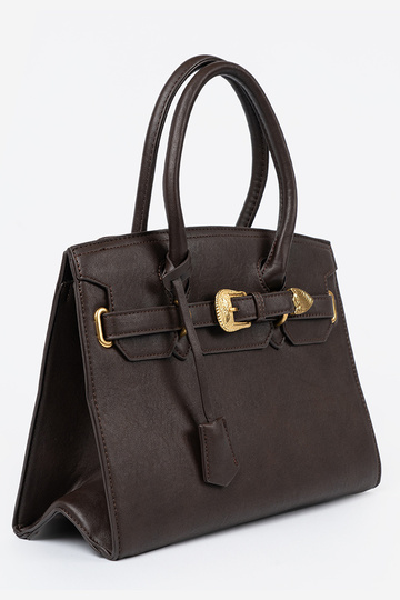 Dark broInn Handbag Inith a decorative buckle In goldenm kolorze