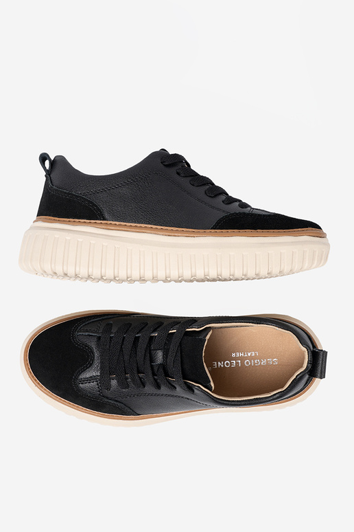 black Sneakers leather na beigej platformie Sergio Leone