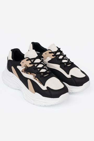Czarno-beżowe sneakersy damskie na grubej podeszwie