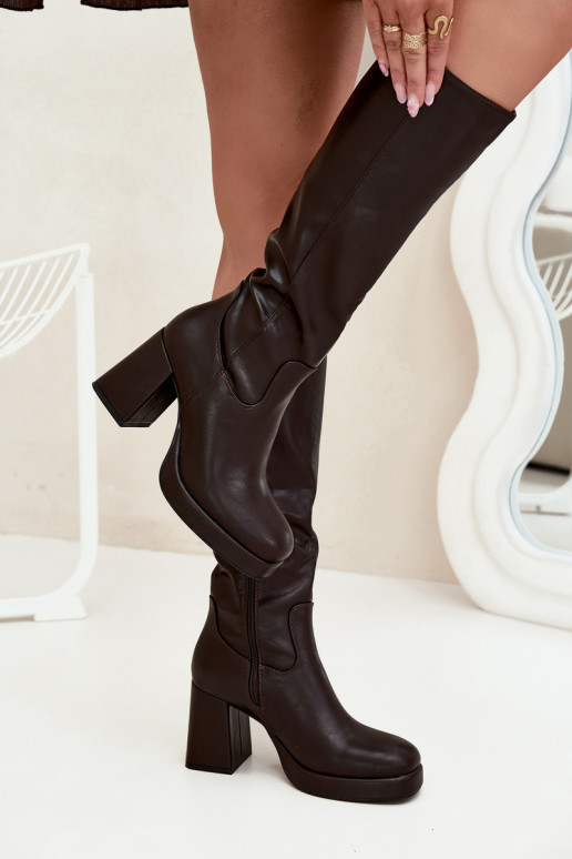 Women's Knee-High Boots With Zipper Heel Chocolate Selvia Women's Knee-High Boots With Zipper Heel Chocolate Selvia