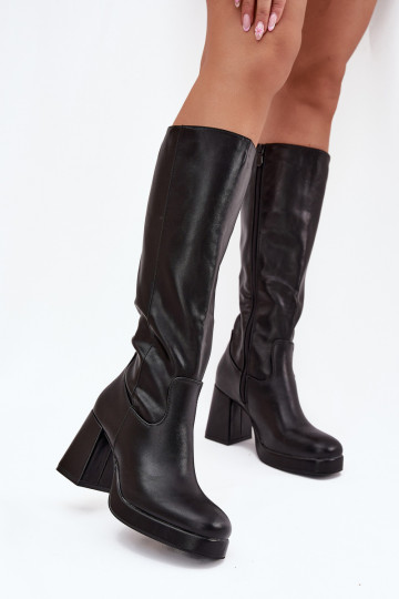 Ladies Knee High Boots With Zipper Block Heel Black Selvia 2