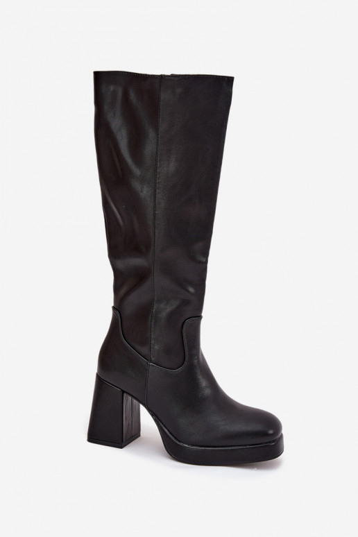 Ladies Knee High Boots With Zipper Block Heel Black Selvia