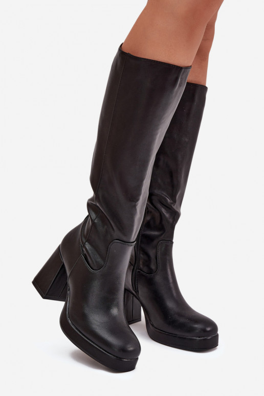 Ladies Knee High Boots With Zipper Block Heel Black Selvia