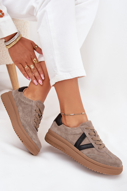 Zamszowe Sneakersy Damskie Na Platformie Vinceza 79562 Ciemnobeżowe