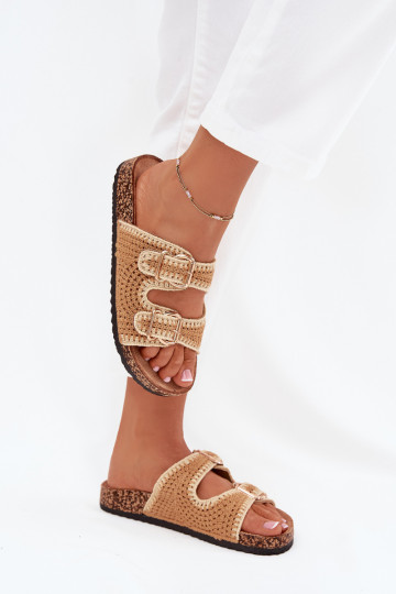 Crocheted Women's Slippers With Golden Buckles Camel Fenira