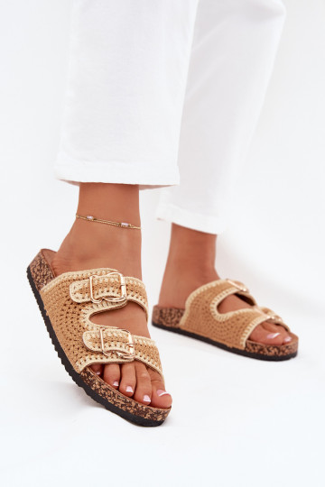 Crocheted Women's Slippers With Golden Buckles Camel Fenira 2