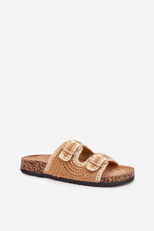 Crocheted Women's Slippers With Golden Buckles Camel Fenira