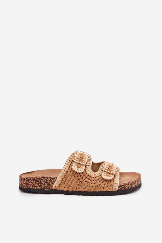Crocheted Women's Slippers With Golden Buckles Camel Fenira