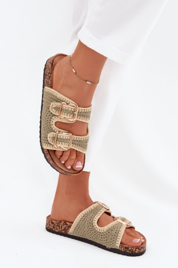 Crochet Women's Sandals With Golden Buckles Green Fenira