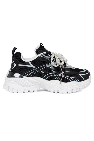Czarne sneakersy z białą kokardą i koralikami 2