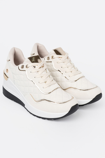 Beżowe sneakersy z połyskującymi złotymi akcentami