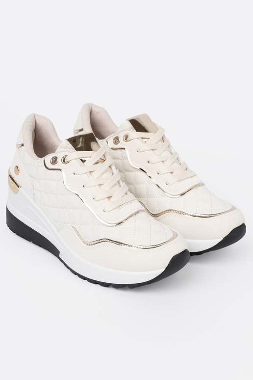beige Sneakers z połyskującymi goldenmi akcentami