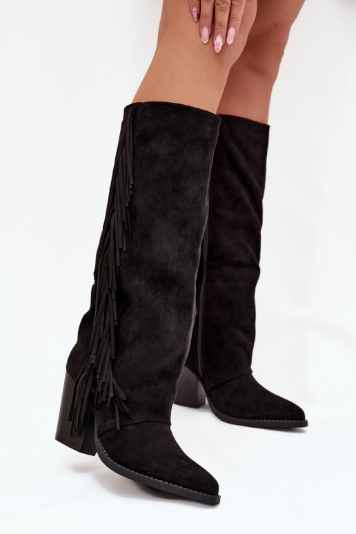 Women's Cowboy Boots With Fringes On A Heel Black Tivara