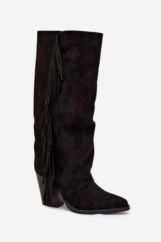 Women's Cowboy Boots With Fringes On A Heel Black Tivara