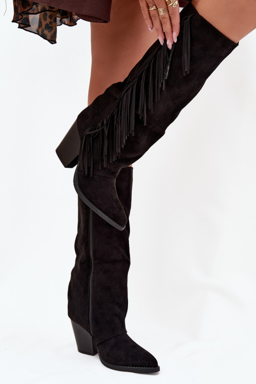 Women's Cowboy Boots With Fringes On A Heel Black Tivara