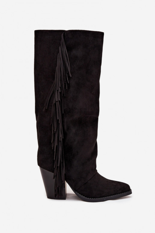 Women's Cowboy Boots With Fringes On A Heel Black Tivara