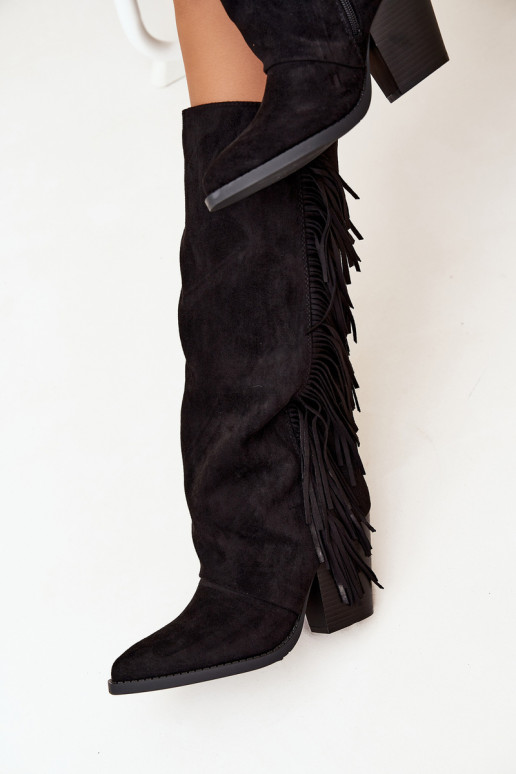 Women's Cowboy Boots With Fringes On A Heel Black Tivara