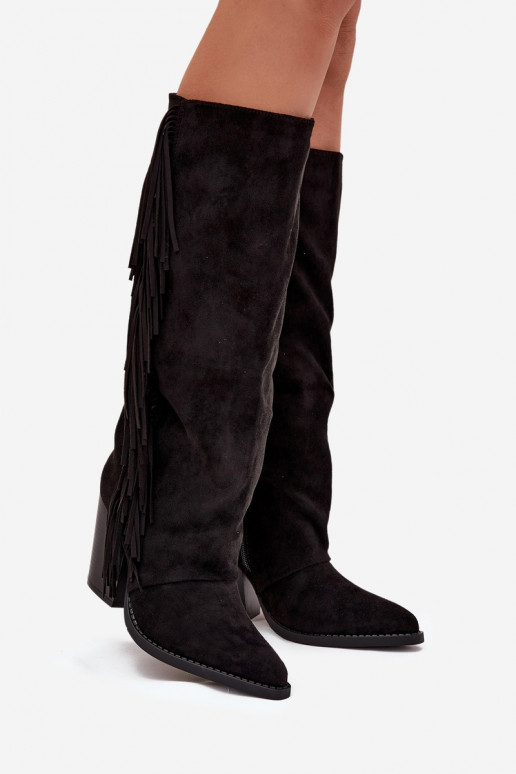 Women's Cowboy Boots With Fringes On A Heel Black Tivara