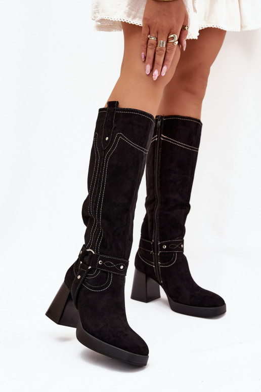 Insulated Women's Heeled Boots With Stitching Black Alessara