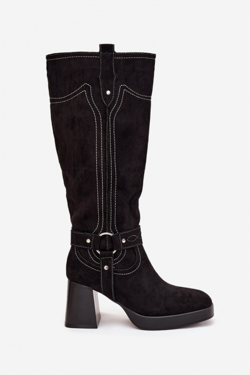 Insulated Women's Heeled Boots With Stitching Black Alessara