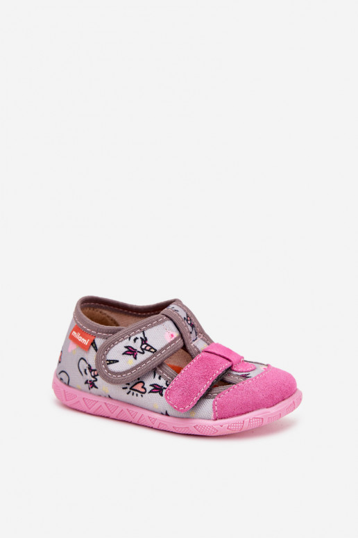 Children's slippers Milami with Velcro in unicorns gray-pink Reathiana Children's slippers Milami with Velcro in unicorns gray-pink Reathiana