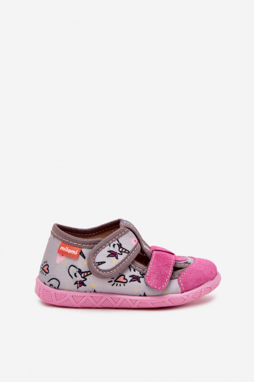 Children's slippers Milami with Velcro in unicorns gray-pink Reathiana Children's slippers Milami with Velcro in unicorns gray-pink Reathiana
