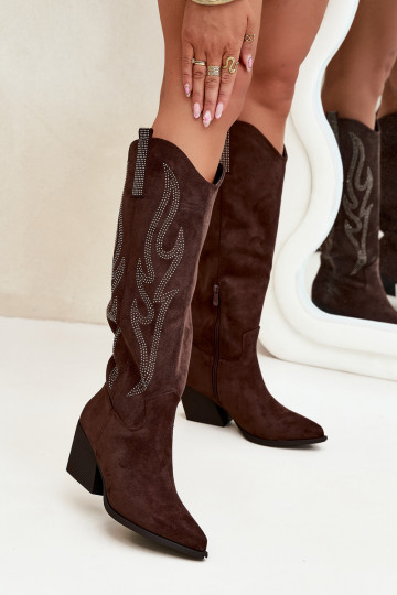 Women's Cowboy Boots With Decoration On Heel Chocolate Jovina