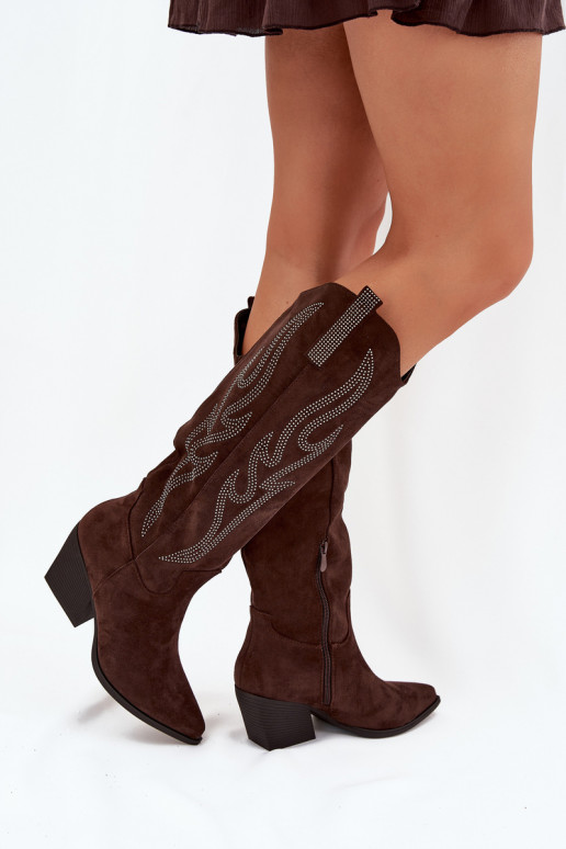 Women's Cowboy Boots With Decoration On Heel Chocolate Jovina