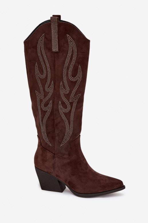 Women's Cowboy Boots With Decoration On Heel Chocolate Jovina