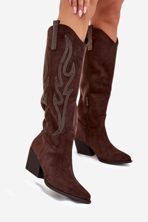 Women's Cowboy Boots With Decoration On Heel Chocolate Jovina