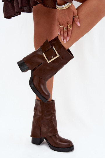 Womens Insulated Heeled Ankle Boots With Gold Buckle Brown Milira