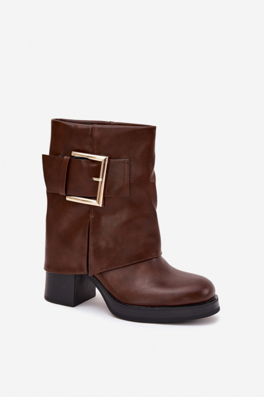 Womens Insulated Heeled Ankle Boots With Gold Buckle Brown Milira Womens Insulated Heeled Ankle Boots With Gold Buckle Brown Milira