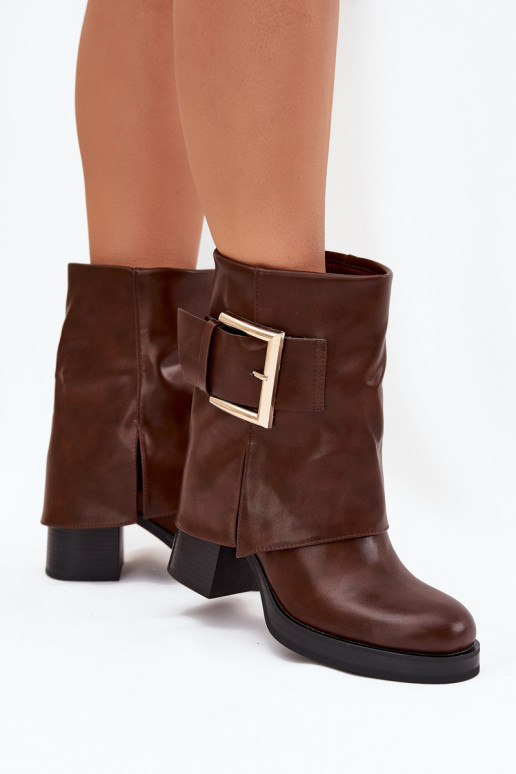 Womens Insulated Heeled Ankle Boots With Gold Buckle Brown Milira Womens Insulated Heeled Ankle Boots With Gold Buckle Brown Milira