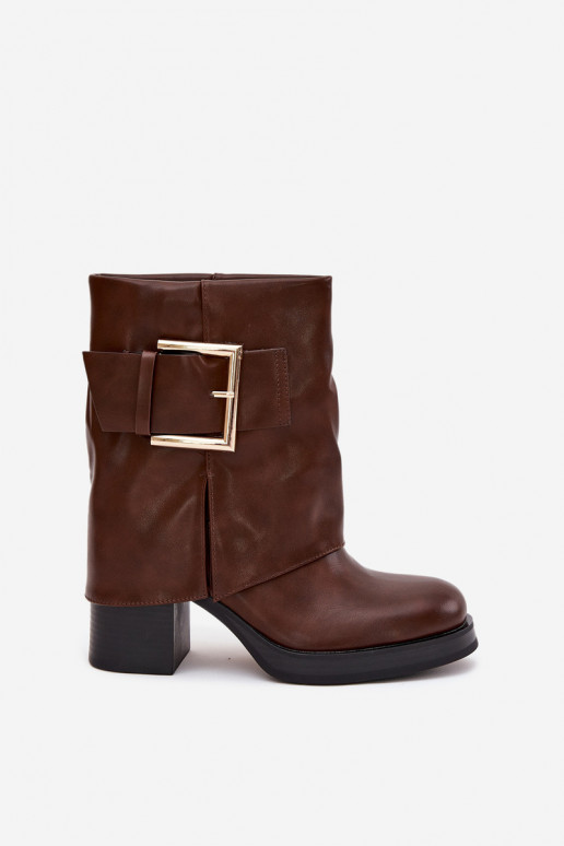 Womens Insulated Heeled Ankle Boots With Gold Buckle Brown Milira Womens Insulated Heeled Ankle Boots With Gold Buckle Brown Milira