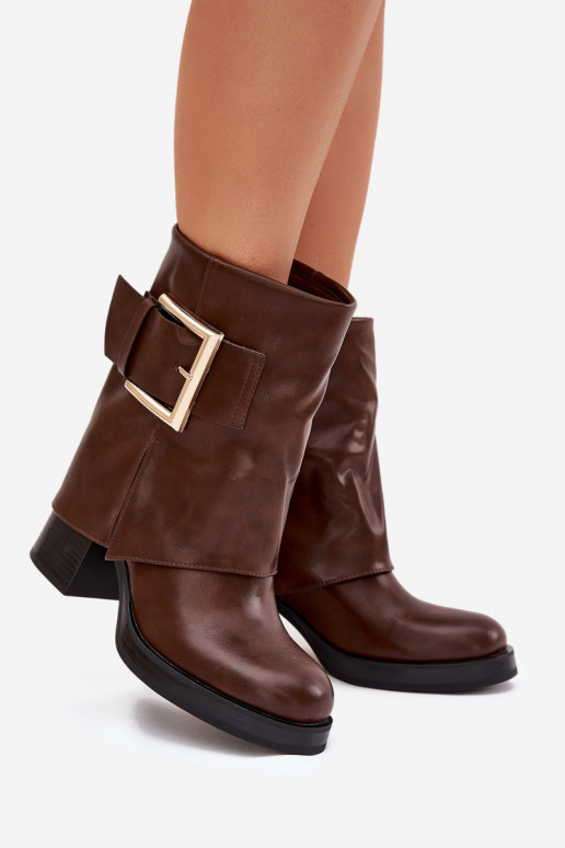 Womens Insulated Heeled Ankle Boots With Gold Buckle Brown Milira Womens Insulated Heeled Ankle Boots With Gold Buckle Brown Milira