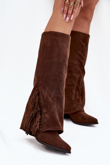 Women's Slip-On Cowboy Boots With Heels And Fringes Brown Zalia 2