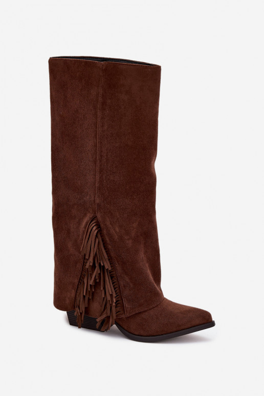 Women's Slip-On Cowboy Boots With Heels And Fringes Brown Zalia