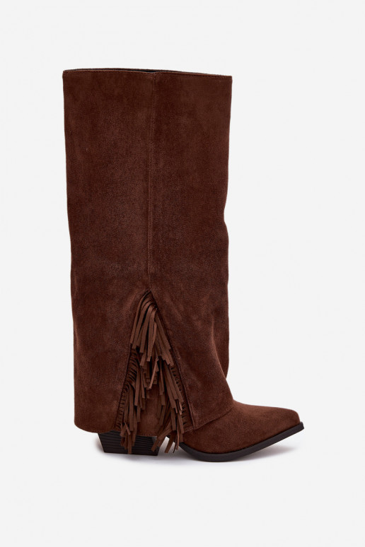 Women's Slip-On Cowboy Boots With Heels And Fringes Brown Zalia