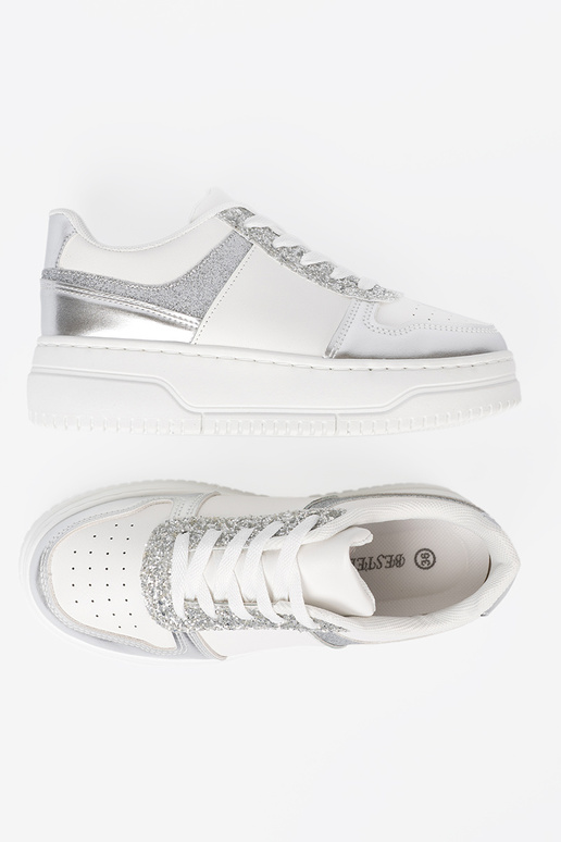Biało srebrne sneakersy z połyskującymi detalami