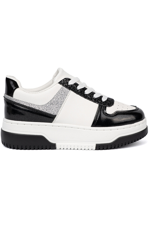 Czarno-białe sneakersy z połyskującymi srebrnymi detalami