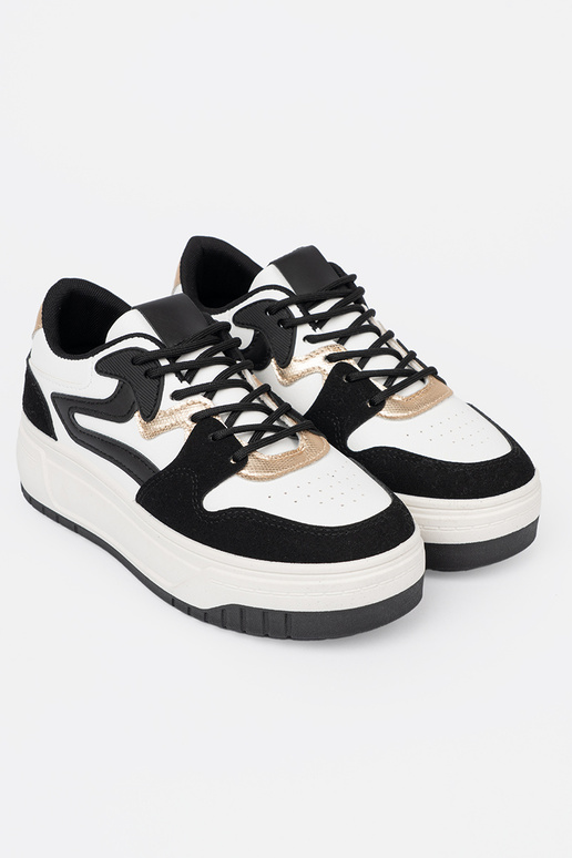 Black and Inhite color Sneakers ze goldenmi detalami