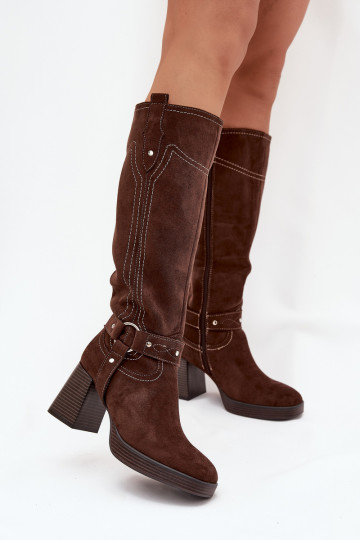 Warm women's heeled boots with stitching chocolate Alessara 2