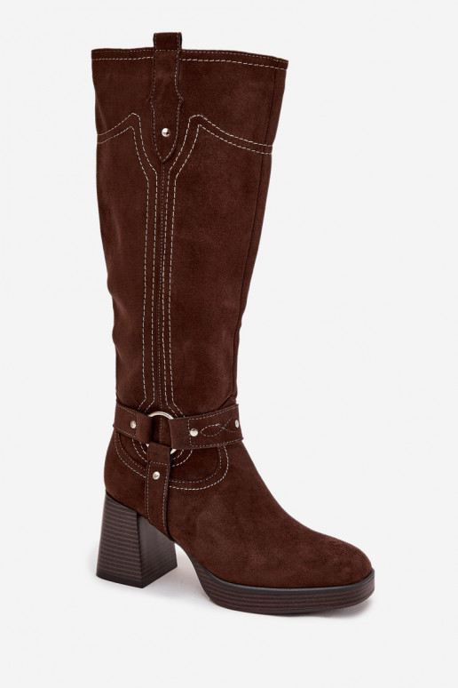 Warm women's heeled boots with stitching chocolate Alessara Warm women's heeled boots with stitching chocolate Alessara