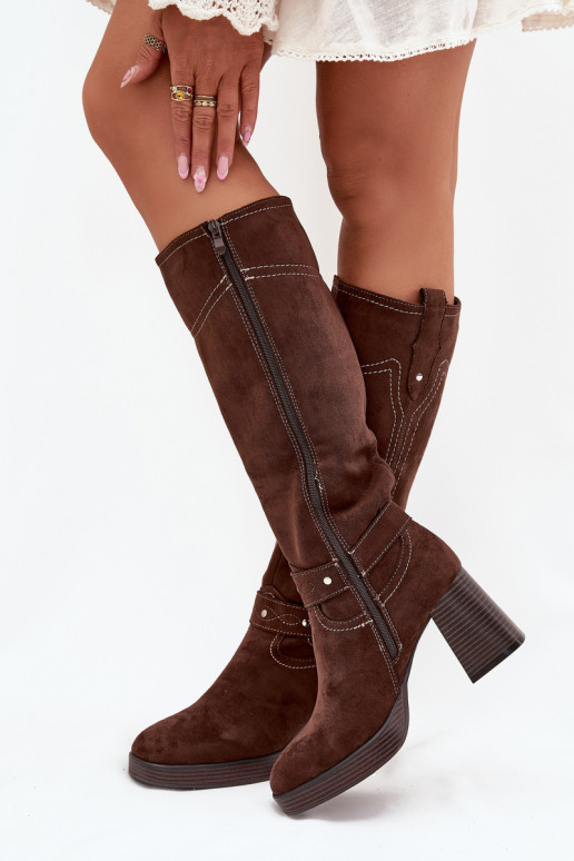 Warm women's heeled boots with stitching chocolate Alessara Warm women's heeled boots with stitching chocolate Alessara
