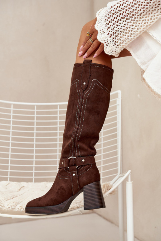 Warm women's heeled boots with stitching chocolate Alessara Warm women's heeled boots with stitching chocolate Alessara