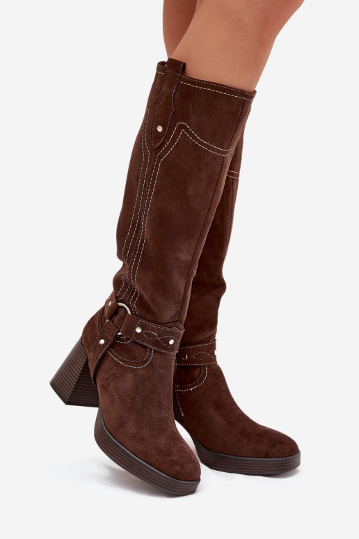 Warm women's heeled boots with stitching chocolate Alessara Warm women's heeled boots with stitching chocolate Alessara
