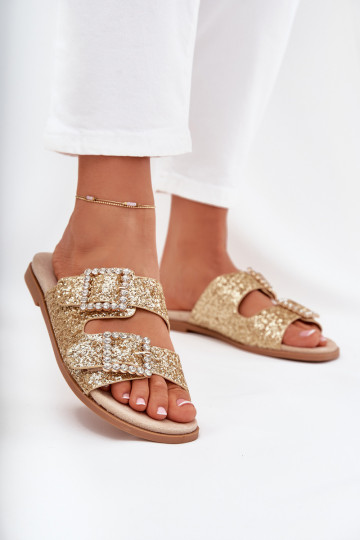 Shiny embellished flip flops with buckles on flat heel gold Tovira 2
