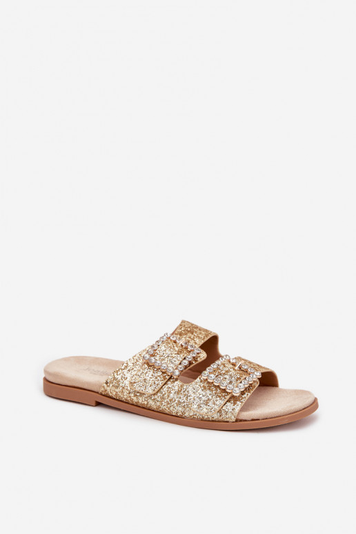 Shiny embellished flip flops with buckles on flat heel gold Tovira Shiny embellished flip flops with buckles on flat heel gold Tovira