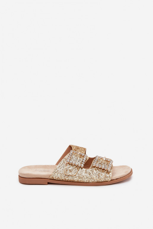 Shiny embellished flip flops with buckles on flat heel gold Tovira Shiny embellished flip flops with buckles on flat heel gold Tovira